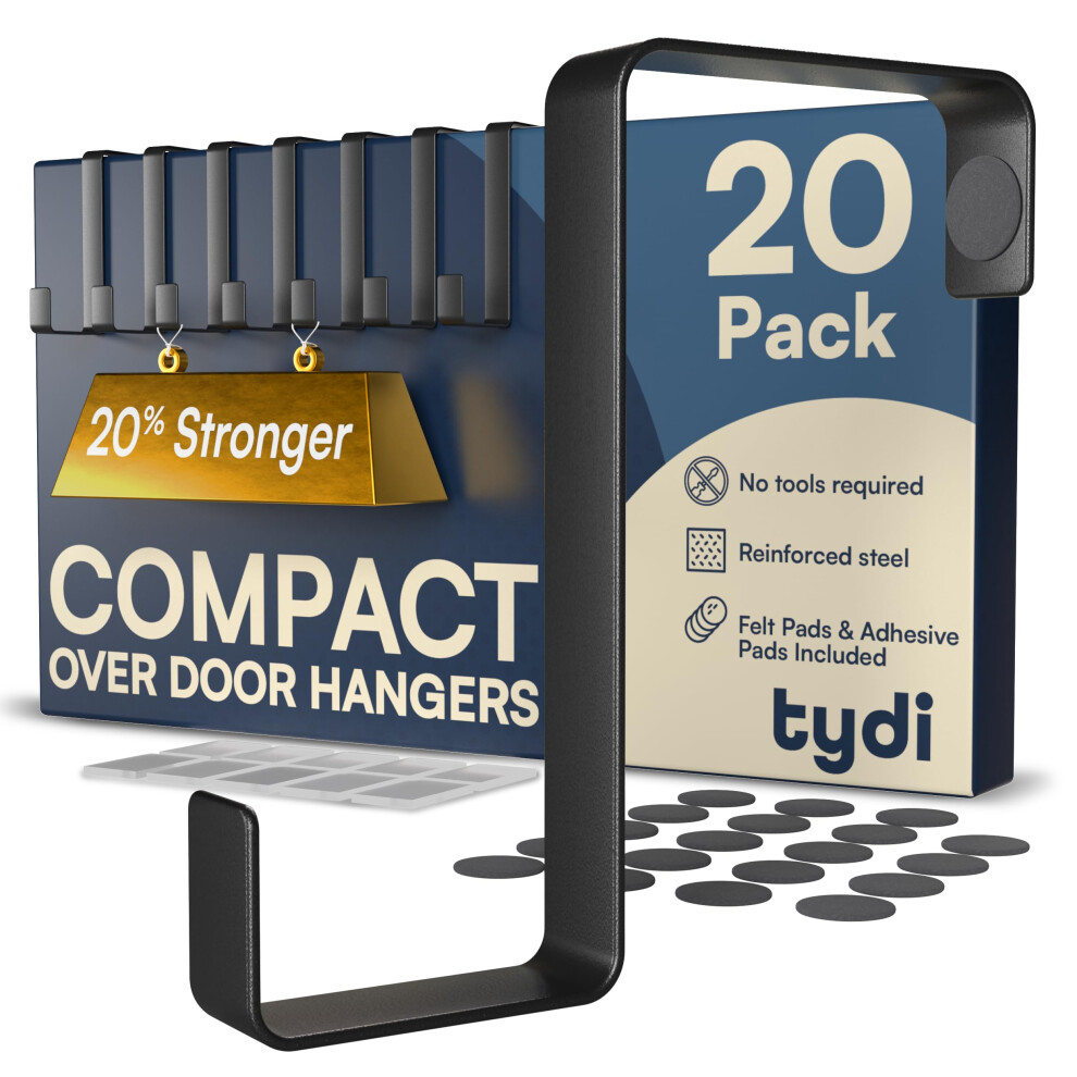 Tydi Compact Over Door Hanger (20 Pack) Â Holds 6Kg Â Reversible Fit For 3.6Cm & 4.6Cm Doors Â Thick Stainless Steel Over Door Hooks With Felt & 5008286944983
