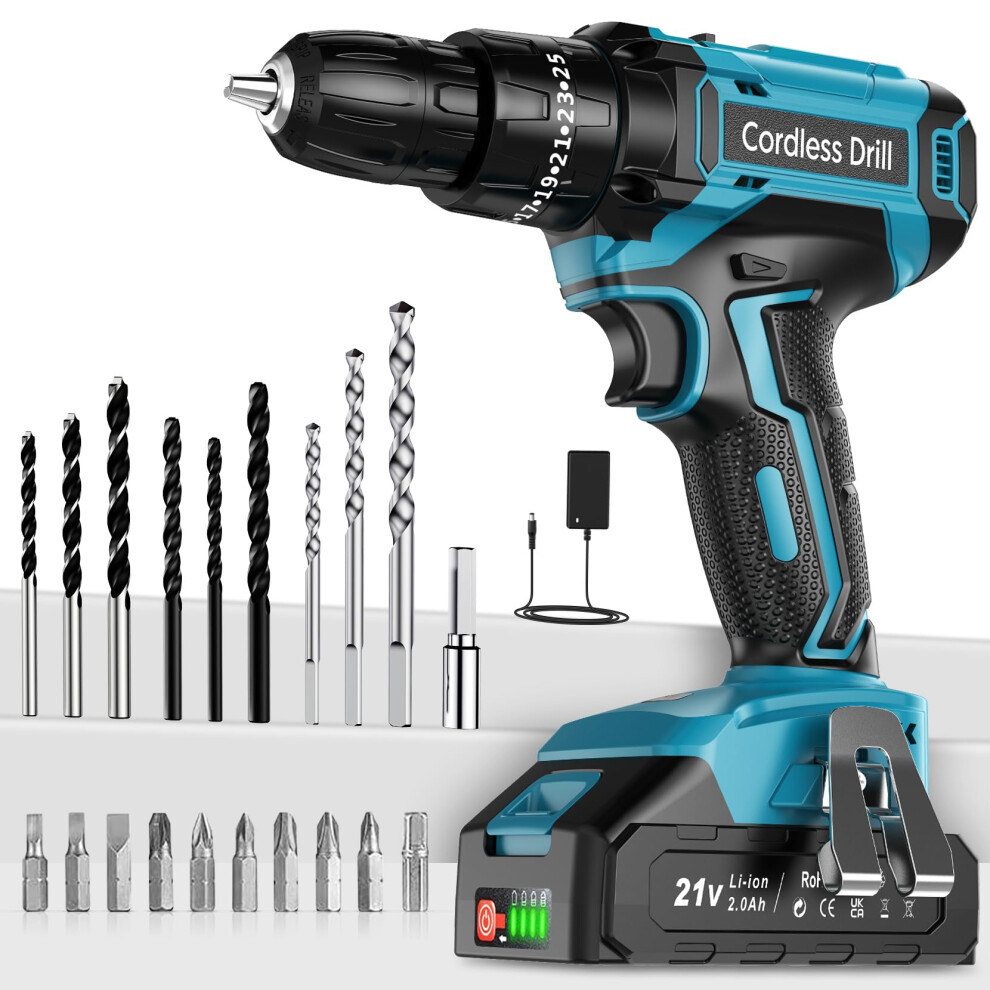 Mhpro Cordless Drill Driver 21V, Cordless Hammer Drill With Battery 2000Mah, 25+3 Torque, 42N.m Max Electricdrill, 24Pcs Drillbits, 2 Speed, Led Ligh 5000484878015