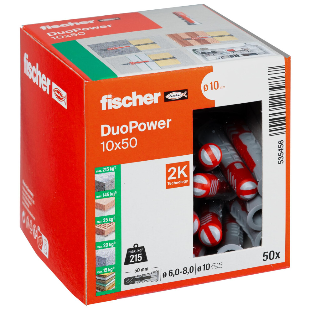Fischer DuoPower 10 X 50, Powerful Universal Plug with Intelligent 2-Component Technology Fastenings in Concrete, Bricks, Gypsum Plasterboard, Chipbo