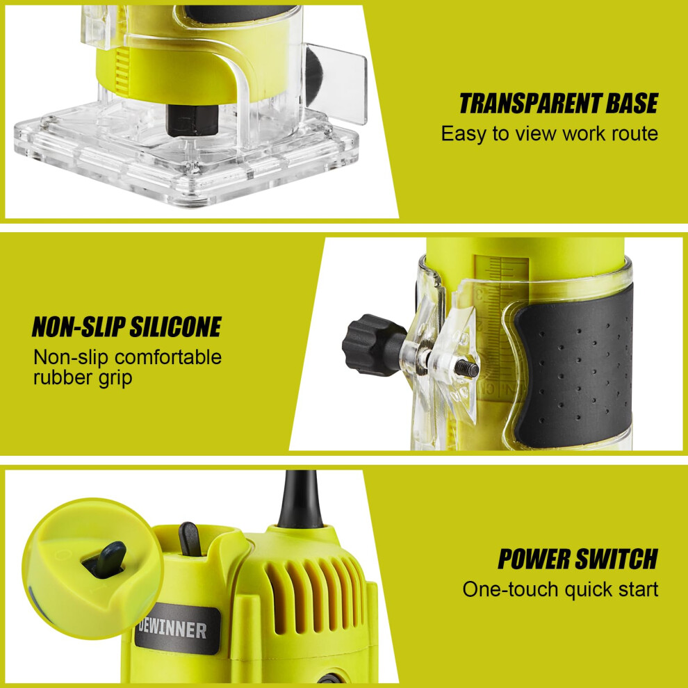 Dewinner Electric Palm Router Tool, Compact 1/4 Wood Trimmer With Trimmer Transparent Base, Hand Wood Routers Woodworking With 12Pcs Router Bit Set F 5005753921270