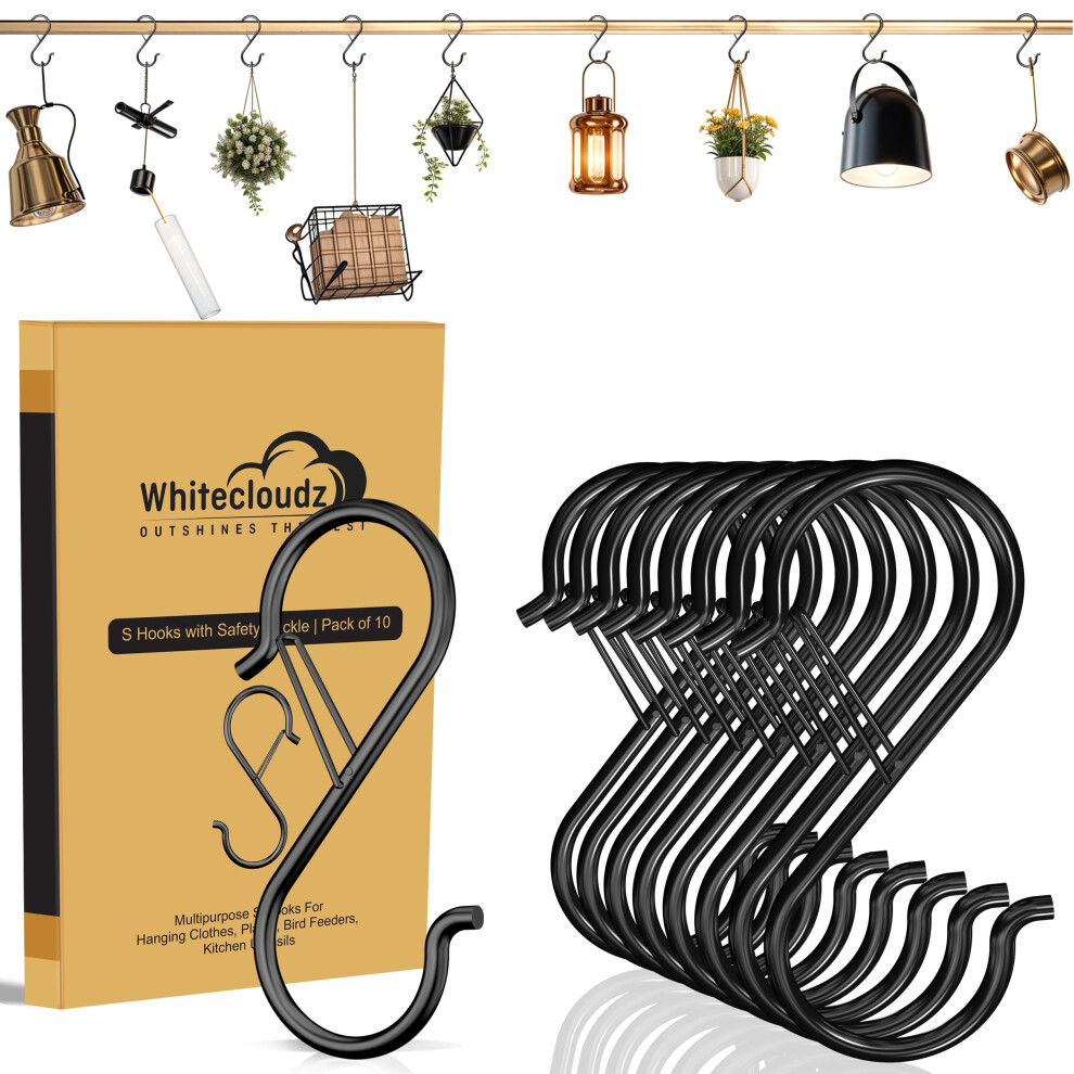 Whitecloudz 10Pack Heavy Duty S Hooks For Hanging With Safety Buckle, Wall Hanginghooks, Heavy Duty Hook With Safety Clip For Kitchen Utensils, Cloth 5009161877488
