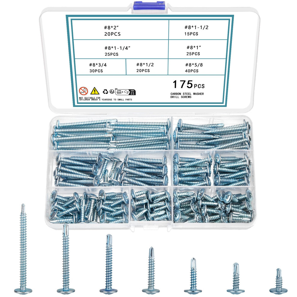 Qoosikicc 175 Pcs Self Tapping Screws For Metal Wood & Plastic, Self Drilling Tek Screw Assortment Kit, Assorted Size Modified Truss Head Sheet Metal 5001175395149