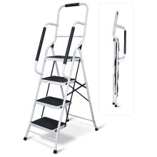 Aidapt 4 Stepladder with Dual Handrails, Folding, Space Saver, Extra Wide Rubber Treads, Non-Slip Rubber Feet, Durable Steel, for Home DIY, Gardening