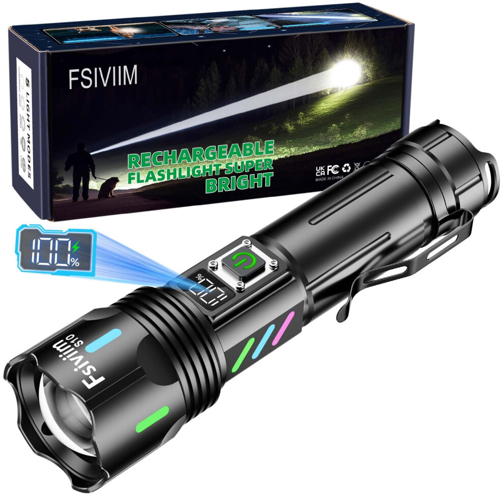 Fsiviim 500000 Lumens Led Torch Rechargeable, Torches Led Super Bright, Powerful Flashlight Torch, High Power Torches For Camping, 5 Modesï¼Adjustabl 5008892369019