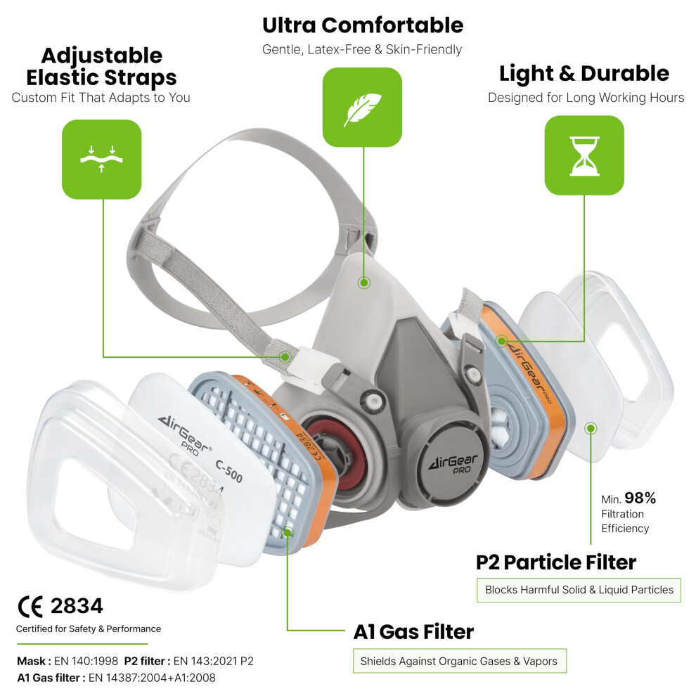 Photos - Surveillance Camera AirGearPro G-500 Reusable Respirator Mask with A1P2 Filters and Safety Goggles | Anti-Dust Gas mask Ideal for Spray painting