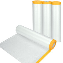4 Rolls 2.4M x 20M Plastic Dust Sheet for Decorating, Self-Adhesive Painting Drop Film, Waterproof & Tear Resistant Polythene Sheeting, Transparent M