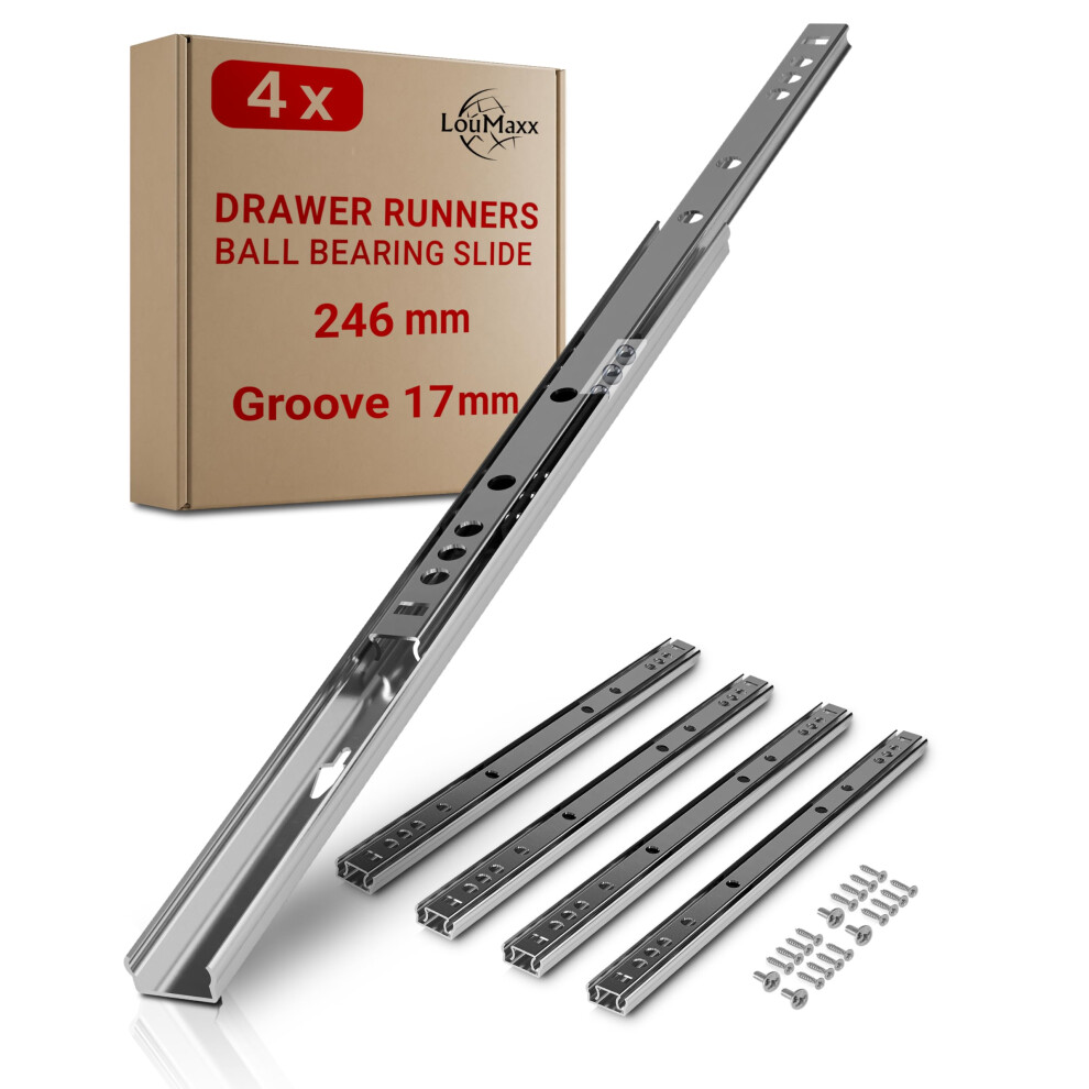 Loumaxx Drawer Runners 17Mm Groove [4 Pack] - 246Mm Cabinet Drawer Slides - Ball Bearing Drawer Runners - Suitable Replacement Ikea, Mfi - Screws Inc 5000173155717