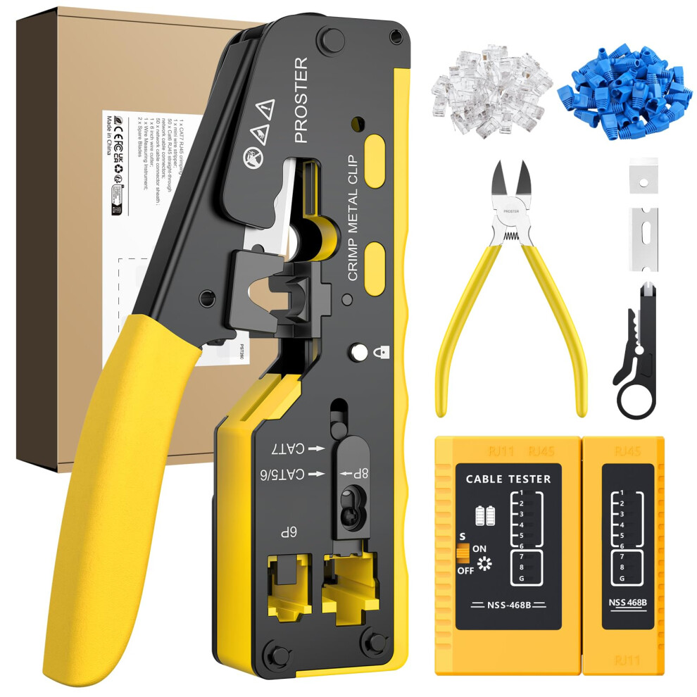 Proster Rj45 Crimp Tool Kit - Cat7 Crimping Tool For 8P Rj45 Cat5 Cat6 Cat7 & 6P Rj11 Rj12 Connector Rj45 Crimping Tool With Network Cable Tester 50P 5005275362803