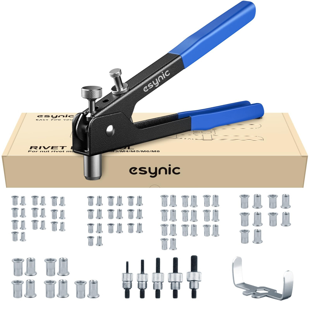 Esynic Rivnut Tool Kit 10 Inch Rivet Nut Gun Set Hand Nut Riveter Steel Heavy Duty Riv Nut Gun With 5Pcs Mandrels & 80Pcs Threaded Rivnuts Metric M3 5007094570025