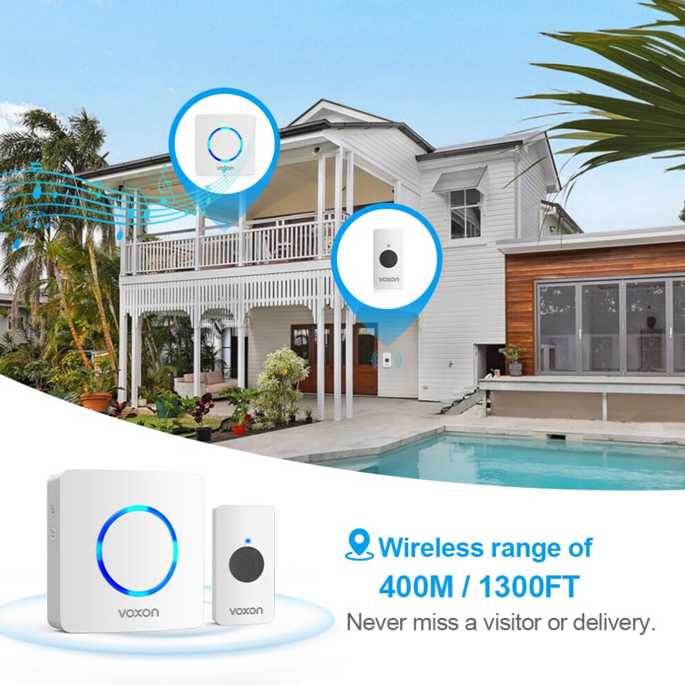 Voxon Wireless Doorbell, Ip65 Waterproof Plug In Doorbell With 1,300Feet / 400M Long Wireless Range, Led Flash Alerts, 60 Chimes, 5-Level Volume Door 5001746087398