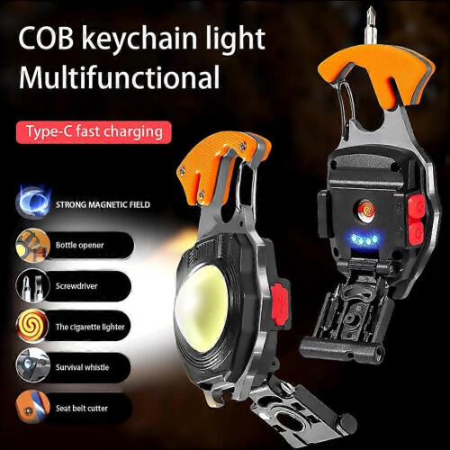 (Orange) Cobs Keychain Light Multi-Function Mini LED Flashlight Emergency Light with Bottle Opener for Outoor Hiking 1
