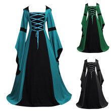 (Peacock Blue, S) Abito medievale vintage con scollo quadrato e cappuccio, maniche a campana, gonna ampia e laccetti, colore rosso vino.
