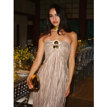 (Milk coffee color, S) GY27058 Elegante abito da sera senza spalline con pieghe, perfetto per feste.