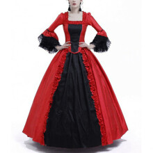 (Red, M) Abito medievale in pizzo patchwork con maniche svasate oversize e gonna di corte vintage