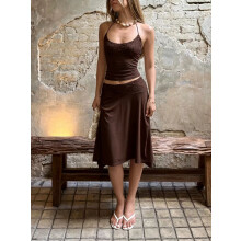 (Brown, S) GY270392026 Completo due pezzi sexy con inserti in pizzo per primavera/estate, stile hot girl