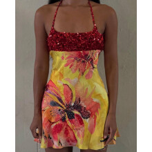 (Red, S) GY27037 Abito da vacanza con paillettes e inserti, abito da festa stampato