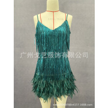(Peacock Green, S) Abito GY2186 con frange, paillettes e inserti di piume
