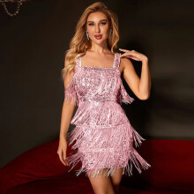 (Pink, XS) ZC001 Affascinante abito con spalline sottili e frange, impreziosito da paillettes