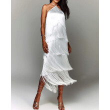 (White, S) Abito GY25044 con scollo all'americana, frange e schiena scoperta con spacco