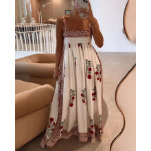 (Red Floral, S) Abito lungo svasato a vita alta con stampa GY25126
