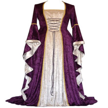 (Purple, S) Abito lungo in velluto con maniche svasate, stile retrò medievale e da corte europea.