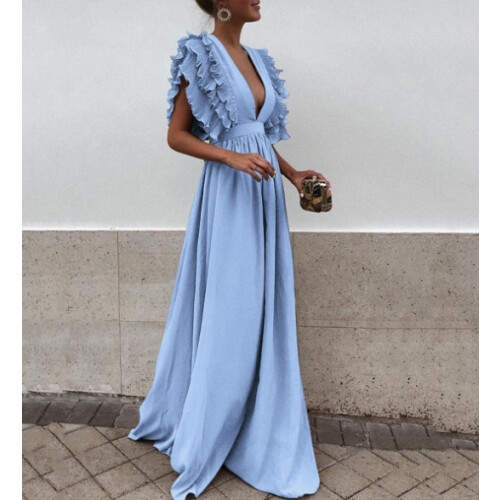(Light Blue, S) Fly Sleeve V-Neck Backless Solid Long Sweet Dress