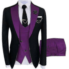 (3XL, purple) Men's Slim Fit 3 Piece Suit Tuxedo Set Jacket Pants Vest for Formal Occasions
