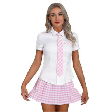 (S, pink) Women's Schoolgirl Cosplay Costume Uniform Mini Pleated Skirt with Oxford Tie Shirt