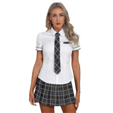 (S, green) Women's Schoolgirl Cosplay Costume Uniform Mini Pleated Skirt with Oxford Tie Shirt