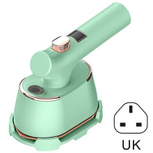 (UK plug, Green) Foldable Steam Iron Portable Handheld Travel Steamer for Clothes, Dry & Wet 2-in-1 with LCD Display