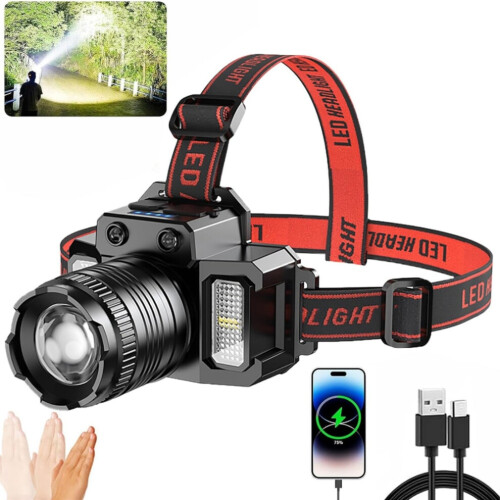 Headlamp USB Rechargeable Super Bright Head Lamp Motion Sensor Headlight 5 Lighting Modes Zoomable Head Lights Forehead Light