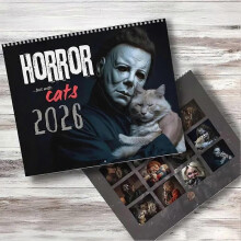 (2pcs) 2026 Halloween Horror Movie & Cats Wall Calendar, Fear Theme Cat Art Calendar Gift for Cat Lovers & Film Lovers