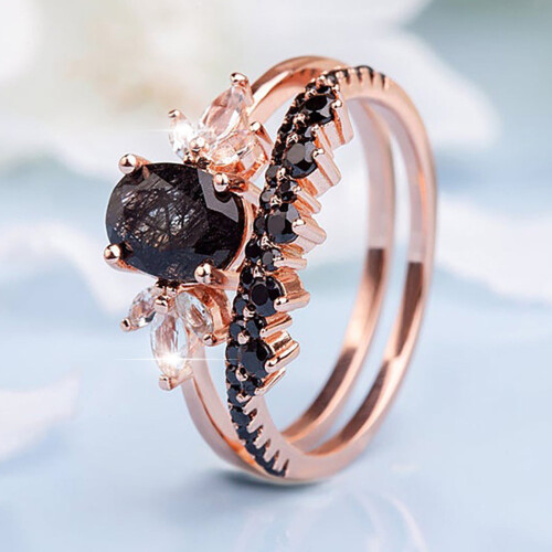 Oval Black Rutilated Quartz Ring Set Rose Gold 1 Set