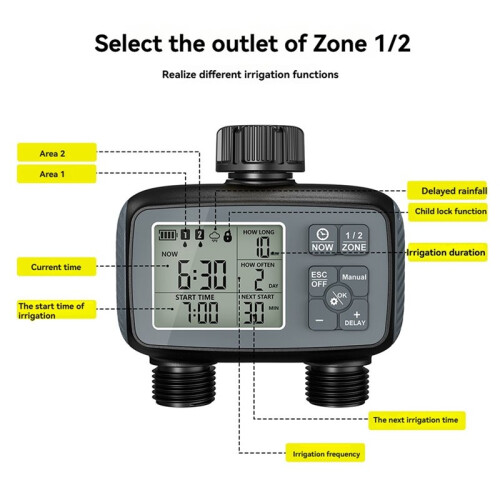 Sprinkler Timer 2 Zone Programmable Water Timer for Garden Hose Automatic Drip Irrigation Function US Watering Timer 1