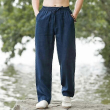 (L, navy) Men's Cotton Linen Pants Hawaiian Vacation Holiday Beach Trousers Breathable Streetwear Casual Pants Loose Men Bottoms
