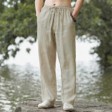 (XL, light khaki) Men's Cotton Linen Pants Hawaiian Vacation Holiday Beach Trousers Breathable Streetwear Casual Pants Loose Men Bottoms