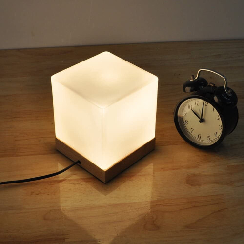 WOVTE Cube Glass Table Lamp Oak White E27 Dimmable LED 2