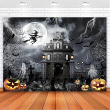 Halloween-bakgrunn: Skummel grav, hodeskalle, jernport, heks, spøkelse, Jack O'Lantern - Skrekkmånenatt for fotostudio, festdekor