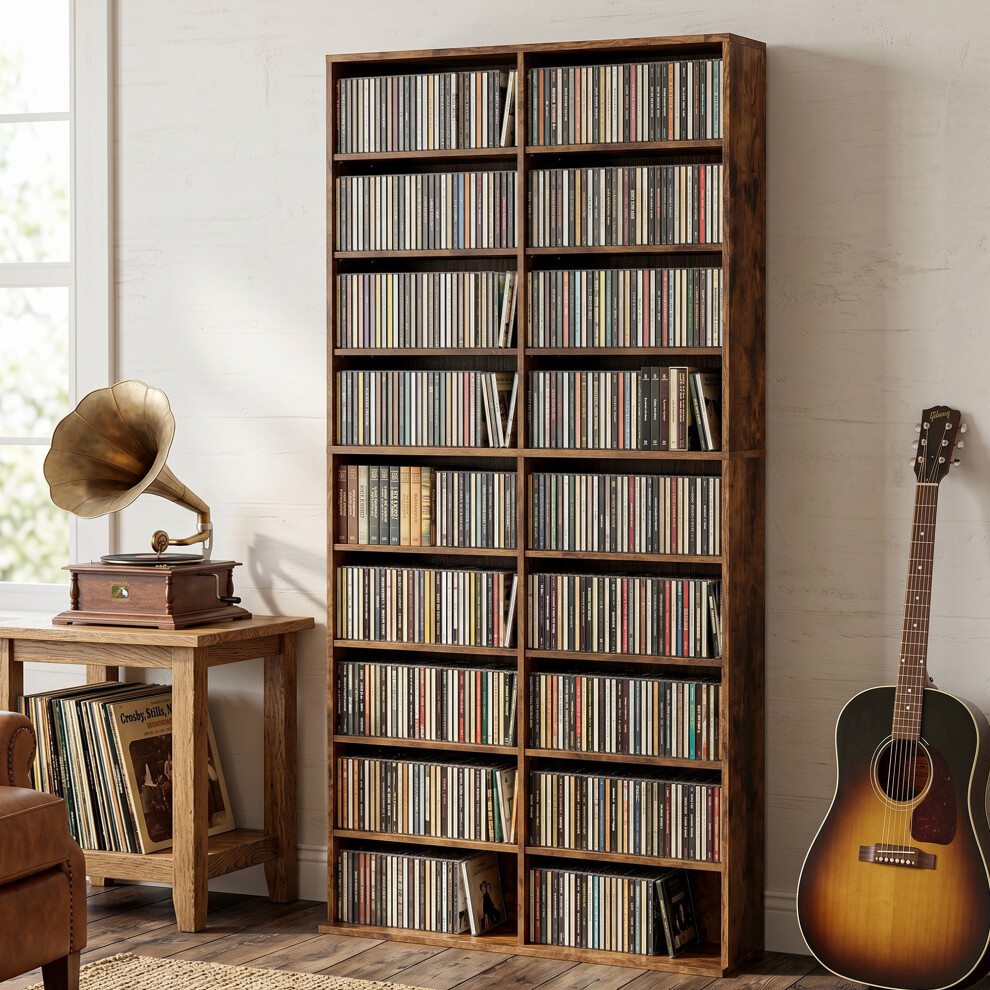 Homcom 640 Cd Storage Unit 360 Dvd Storage Tower W/ 18 Compartments Rustic Brown