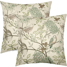 Conjunto de 2 capas de almofada vintage com estampa floral de pássaros, 45x45cm (18x18 polegadas), flores e folhas em tons de verde-oliva e marrom,