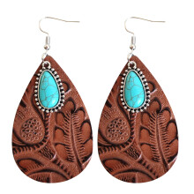 Pendientes vintage de cuero repujado con forma de gota de agua y piedra turquesa azul, pendientes colgantes para mujer, pequeños pendientes de