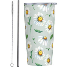 Gobelet isotherme de voyage Daisy Floral 590 ml avec couvercle et paille, tasse à café à double paroi sous vide, gourde réutilisable, cadeau pour