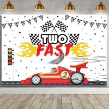 Décor de fond personnalisé 2,1 x 1,5 m pour un deuxième anniversaire sur le thème des voitures de course, compatible avec le thème « Deux