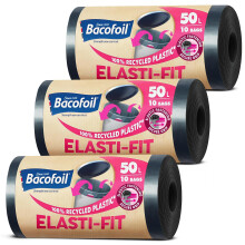 Bacofoil Elasti-Fit Bin Liners - 50L Recycled bin bags, 3 Rolls (30 Bags) - Leak-Proof, Elastic Fas