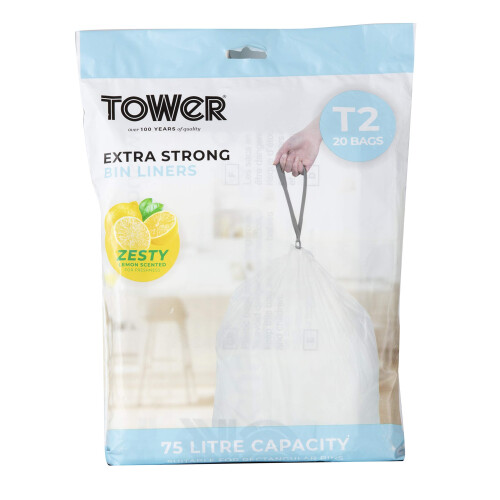 Tower Tower 75L Lemon Scented Bin Liners, 20 Pack, White
