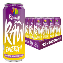 Rubicon RAW 12 Pack Pineapple & Passion 500ml Energy Drink, 20% Real Fruit Juice, High caffeine wit