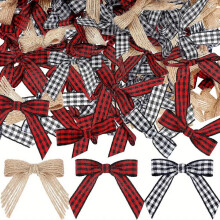 Mini kostkované mašle z stuhy: Přírodní juta, Černá Červená Gingham, Buffalo Check na vánoční stromeček, DIY tvoření, bytové dekorace