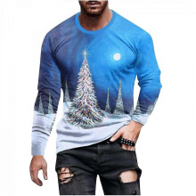 christmas tree Blue Men Casual Round Neck Long Sleeve Pullover Printed T-Shirt Blouse Tops
