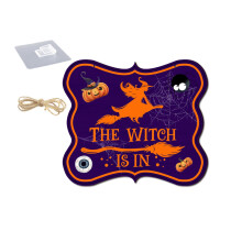 Drevená halloweenska závesná plaketa s realistickým motívom čarodejnice, netopiera, ducha, tekvice, pavučiny, ceduľky na dvere (sviatočná