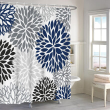 Rideau de douche Dahlia 72x72 pouces, motif floral bleu-gris turquoise Pinnata, en polyester imperméable avec crochets, compatible avec les